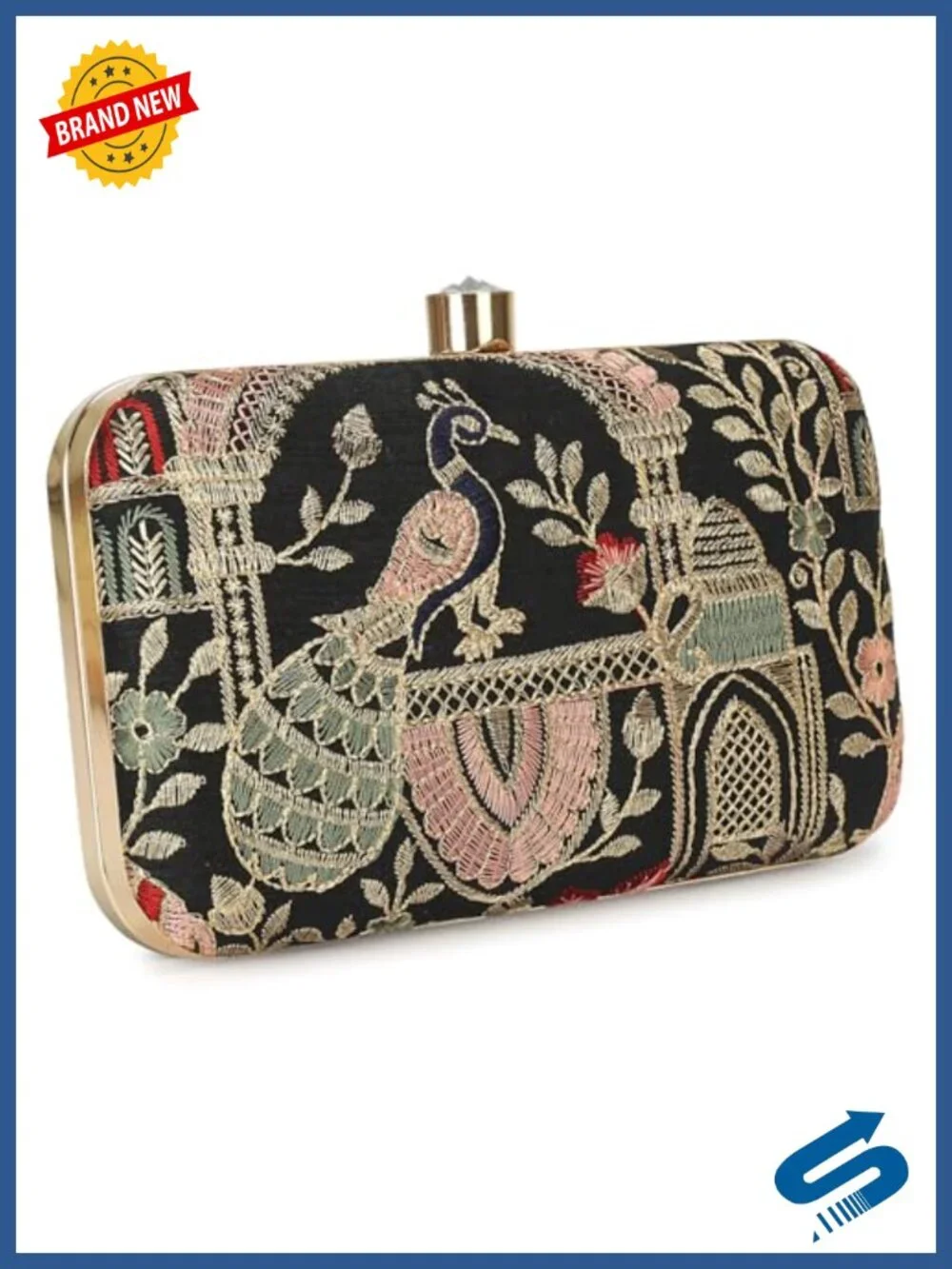 Embroidered Box Clutch Evening Bag with Crystal Clasp & Chain Strap